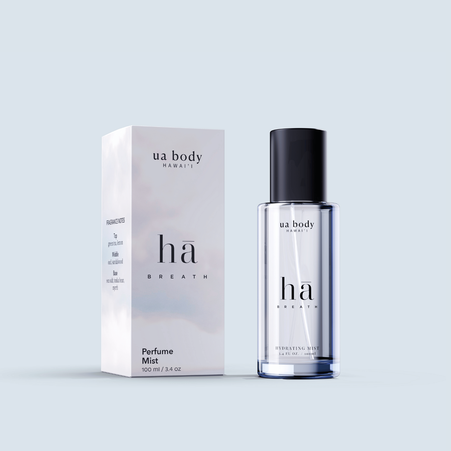 Hā Body Mist with packaging in front of blue background